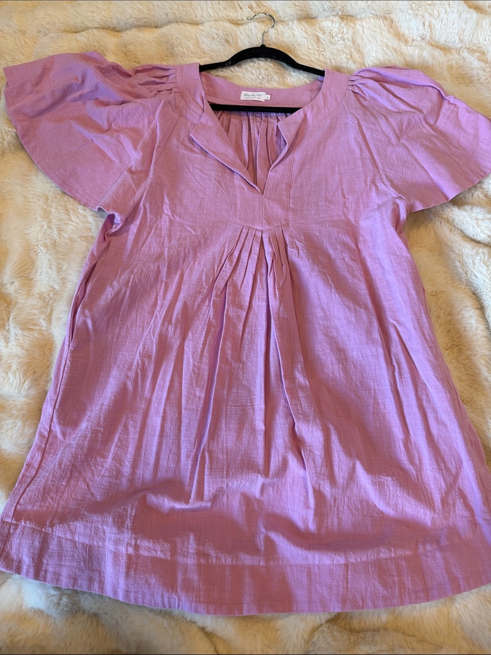 Lavender Flutter Sleeve V-Neck dress with pockets